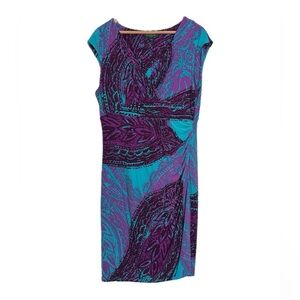 Ralph Lauren light teal & magenta large paisley print stretchy midi dress